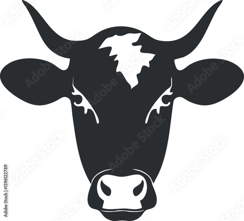 Stylized black and white illustration of a cow head with prominent horns and facial features.