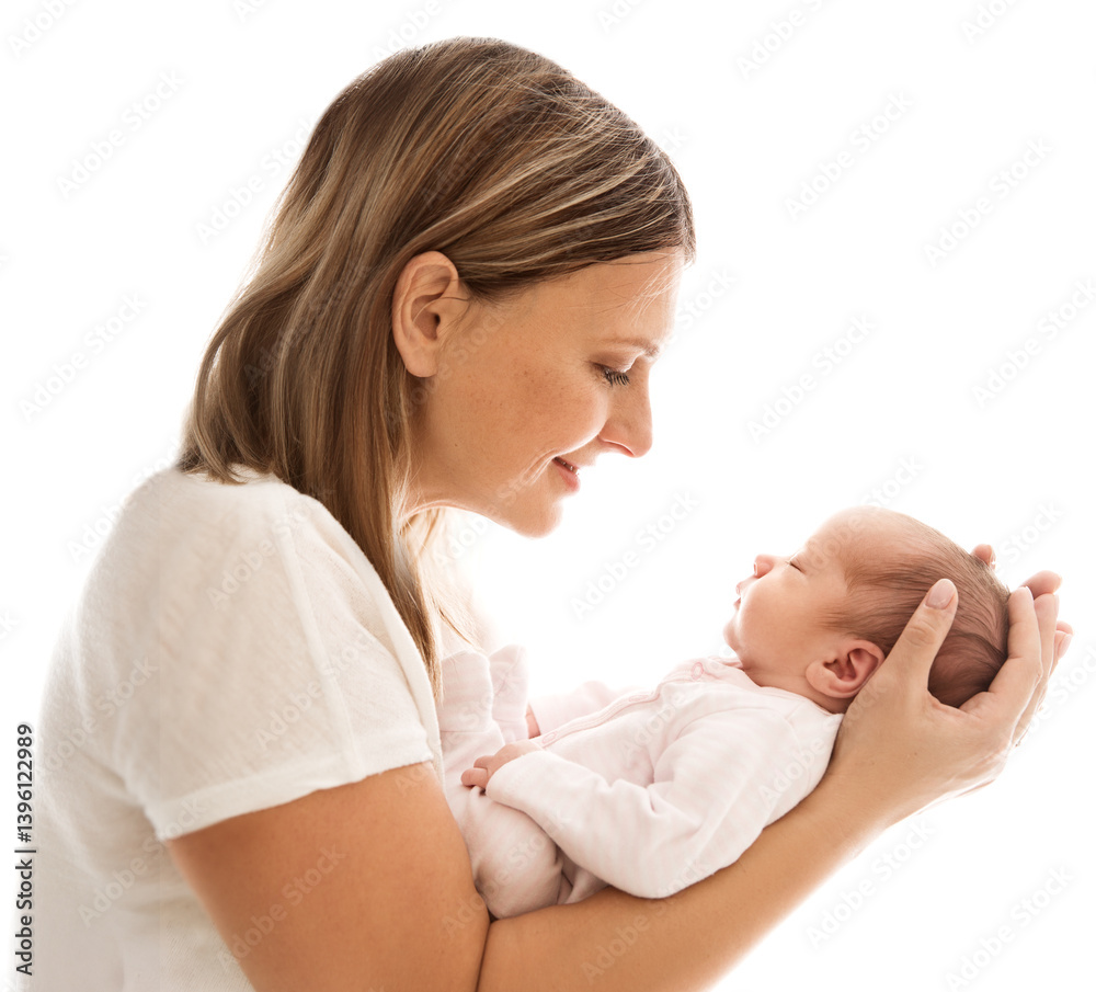 Happy Mother looking at Baby. Smiling Mom holding Newborn in Hand side view over white background. Childbirth and Child Health Care. Mother's day. Mother Love Baby Happy Mother looking at Baby. Smiling Mom holding Newborn in Hand side view over white background. Childbirth and Child Health Care. Mother's day. Mother Love Baby