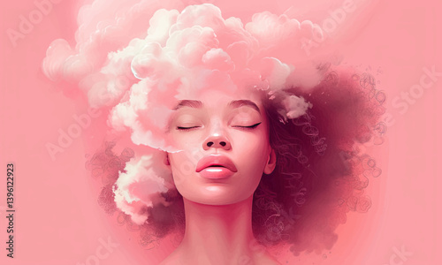 illustration of sensual female with hair made of cloud closing eyes on pink background