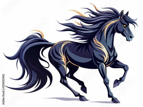 A vector illustration of a galloping black horse with a flowing mane, isolated on a white background