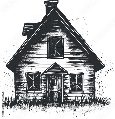 A vintage sketch of an abandoned house with a rustic design and detailed features.