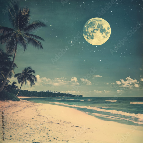 Beautiful fantasy tropical beach with star and full moon in night skies - Retro style artwork with vintage color tone