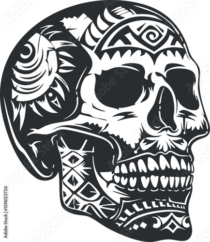 Stylized tribal skull design featuring intricate patterns and bold black and white contrast.