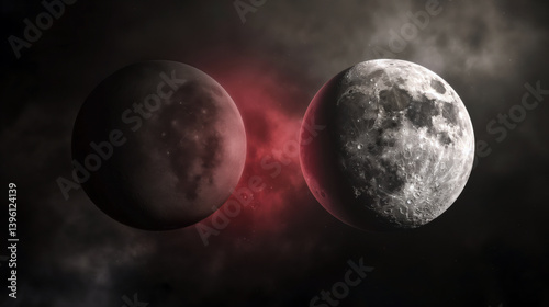 Two celestial lunar bodies float side by side in a cosmic scene, one bathed in a fiery red hue and the other glowing with the pale light of the moon. The contrast between them represents cosmic.