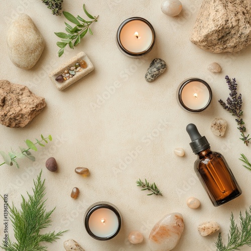 Flat lay of aromatherapy candles, stones, and essential oils on beige background, top view with room for title.