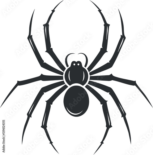 A detailed black silhouette of a spider showcasing its eight legs and body structure.