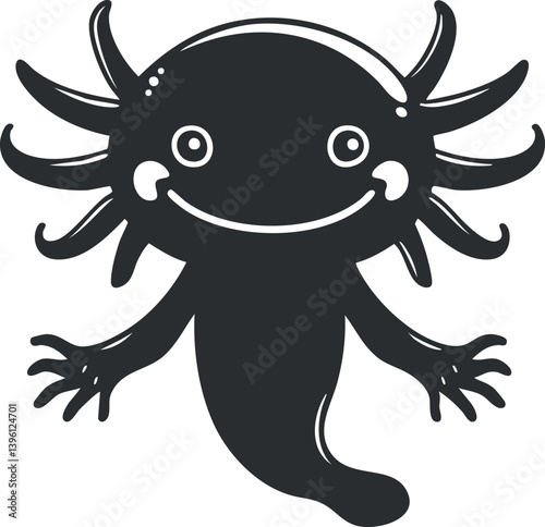 A cute cartoon illustration of a smiling axolotl with gills and playful arms.