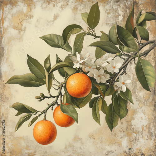 Orange Blossom and Fruit on Branch