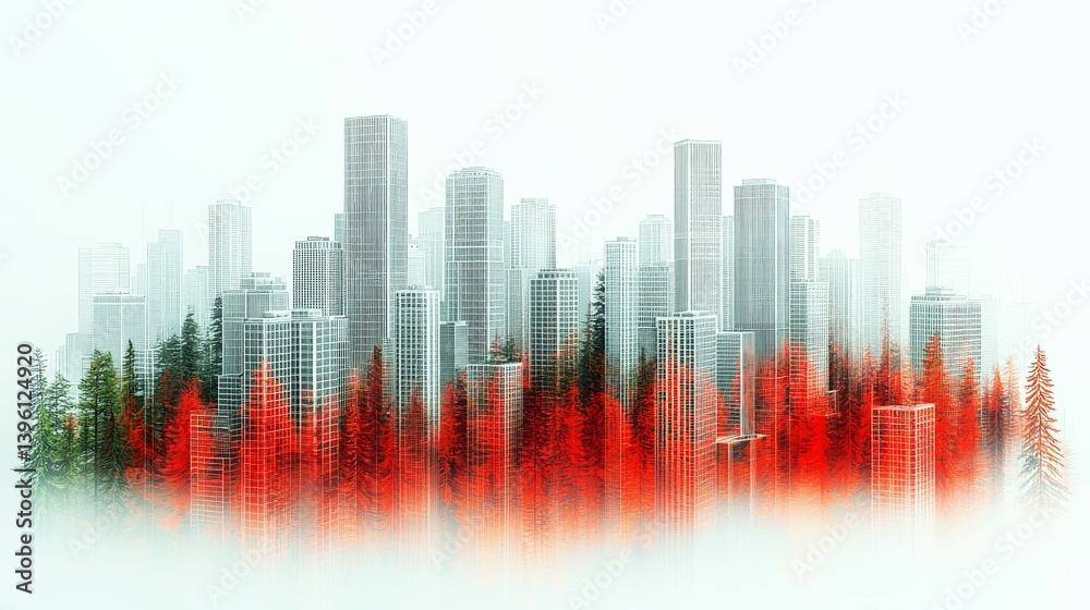 Fototapeta premium City blocks form a surreal landscape blending high-rises with faded conifer forests