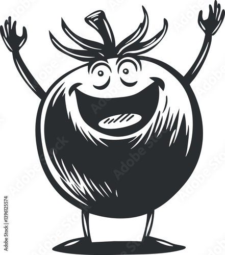 A cheerful cartoon tomato character with arms raised, conveying happiness and fun in a playful design.
