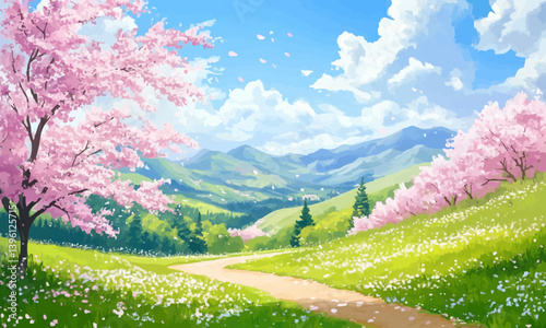 A beautiful spring banner with a scenic landscape of blooming cherry trees and lush green meadows
