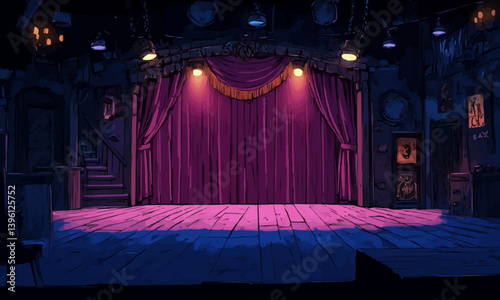 A cartoon depiction of a dark opera, concert, or stand-up comedy scene with a velvet curtain open and spotlights shining.