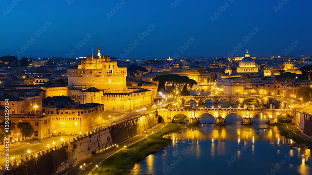 Night view of Castel Sant'Angelo, Ponte Sant'Angelo, and St. Peter's Basilica in Rome, Italy Night view of Castel Sant'Angelo, Ponte Sant'Angelo, and St. Peter's Basilica in Rome, Italy