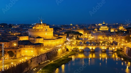 Night view of Castel Sant'Angelo, Ponte Sant'Angelo, and St. Peter's Basilica in Rome, Italy