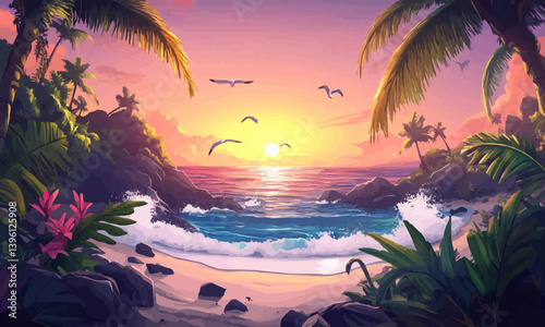 A cartoon illustration of a summer evening featuring palm trees, rocks, and ocean waves crashing onto a sandy shore. Seagulls soar over the water while tropical plants adorn this tropical sunset