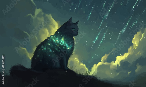 A cat with a cloak made of nebula-like patterns, sitting under a sky filled with shooting stars.