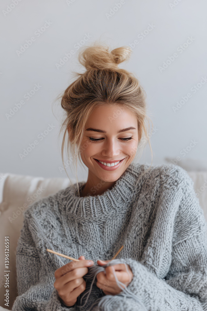 Smiling Young Woman Knitting with Yarn and Needles at home on the couch. Smiling Young Woman Knitting with Yarn and Needles at home on the couch.