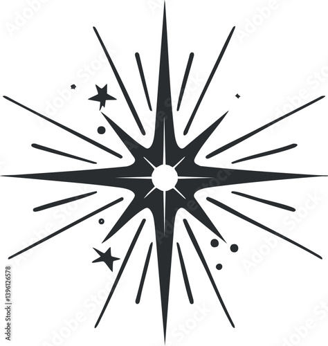A stylized starburst graphic design with radiant lines and sparkles representing energy and brightness.