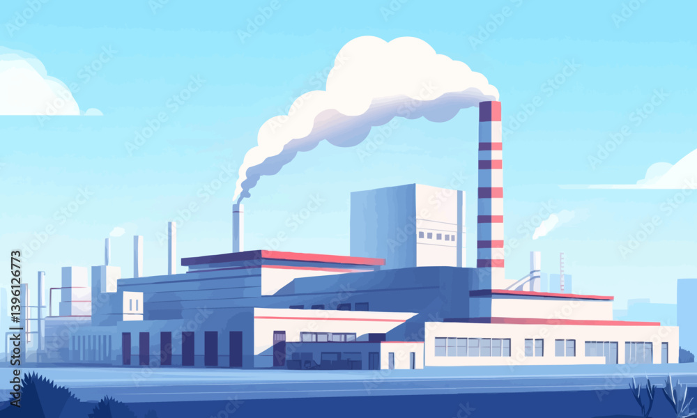 A clean, modern factory in the petrochemical industry, depicted as a power station with a large chimney discharging smoke, set in an outdoor industrial landscape