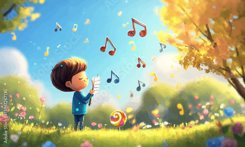 A chibi musician conducting a concert in the park, with musical notes floating around and a musicalnoteshaped lollipop