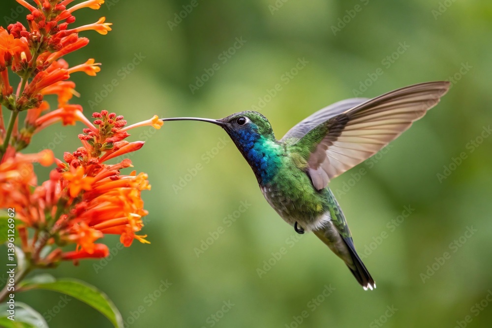 Fototapeta premium Sparkling Violetear Hummingbird Feeding On Vibrant Orange Flowers In Lush Green Garden Tropical Beauty, hummingbird, violetear, sparkling violetear, bird, wildlife, animal, nature, flower, orange