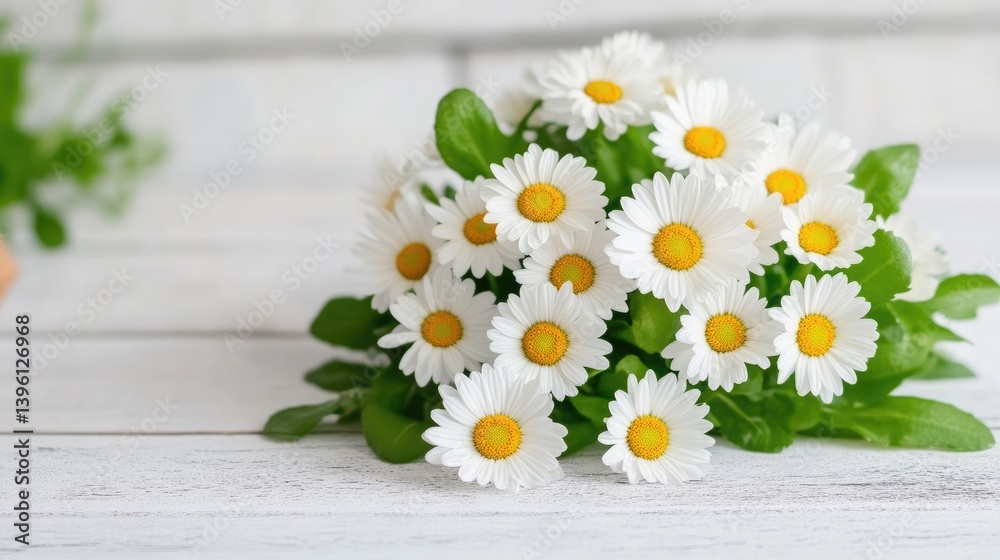 Obraz premium Delicate bouquet of daisies on a white wooden surface