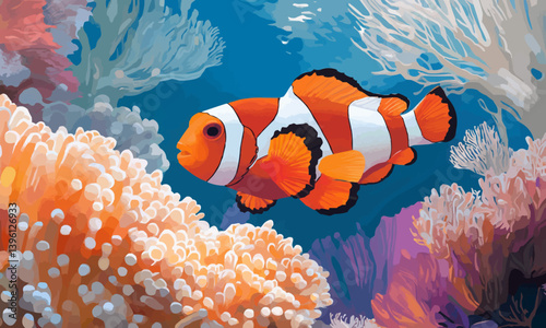 A clownfish swims among colorful coral, its bright orange and white stripes contrasting beautifully against the underwater landscape.