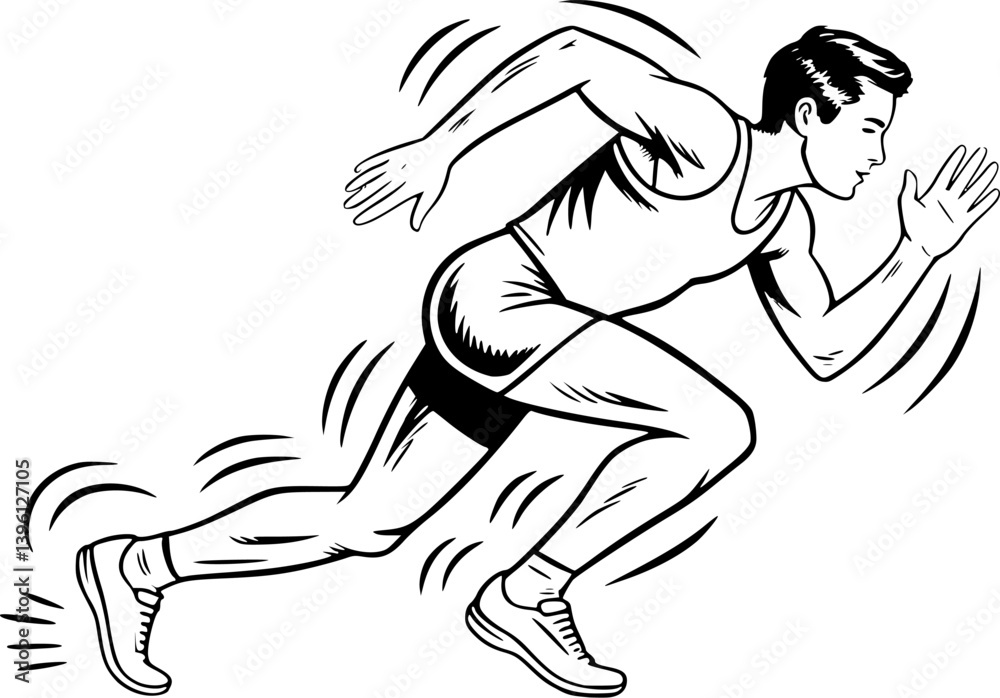 Fototapeta premium Runner Vector – Male Athlete Running Illustration, Jogger, Sprinter, Track Runner, Marathon Clipart, Sportsman in Motion, Fitness Man, Side View Running Pose Graphic