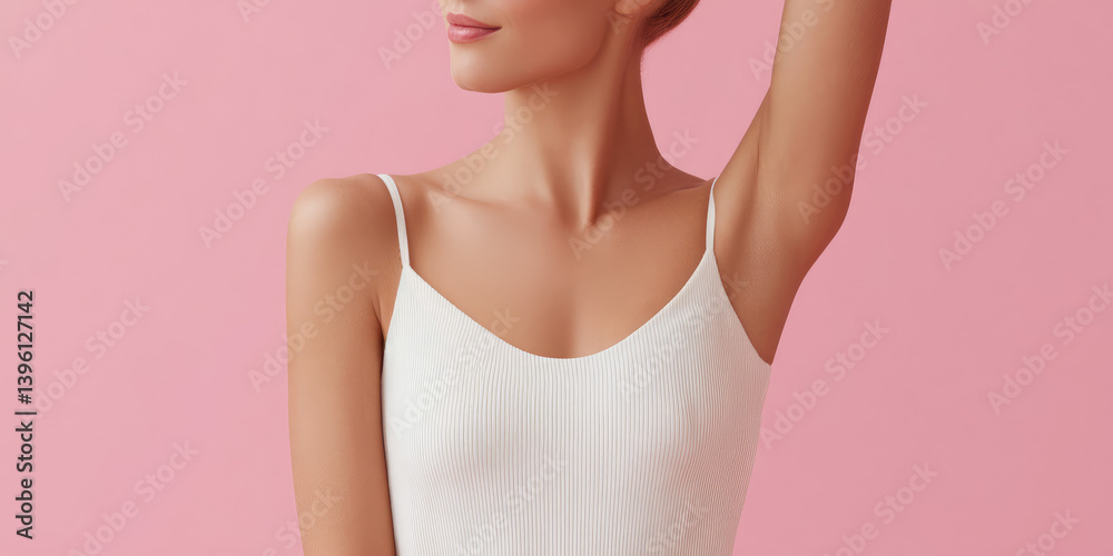 Young beautiful woman shows off her smooth underarm skin. Advertising banner for laser hair removal and electroepilation studio. Young beautiful woman shows off her smooth underarm skin. Advertising banner for laser hair removal and electroepilation studio.