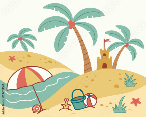 Beach Scene with Palm Trees and Sandcastle in Pastel Colors  