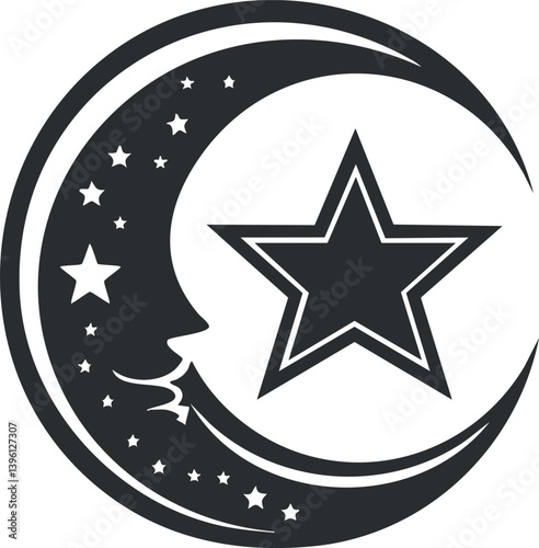 A stylized graphic featuring a crescent moon and a star with intricate details.