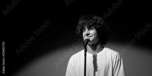 Young cheerful male standup comedian performing on stage in a restaurant