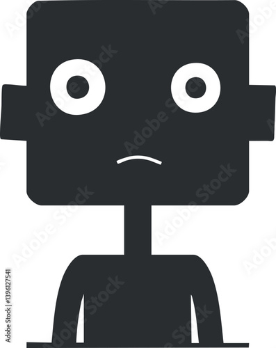 A minimalist illustration of a sad robot character with a simplistic design and expressive features.