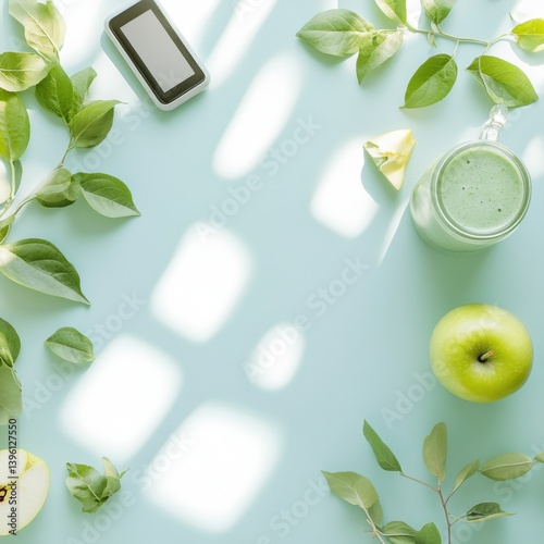 Flat lay of healthy lifestyle objects on white background, yoga mat, smoothie, fitness tracker.