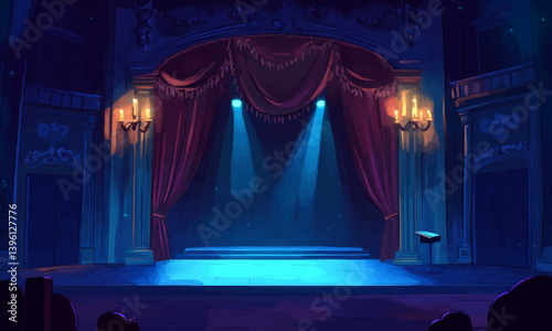 A cartoon depiction of a dark opera, concert, or stand-up comedy scene with a velvet curtain open and spotlights shining.