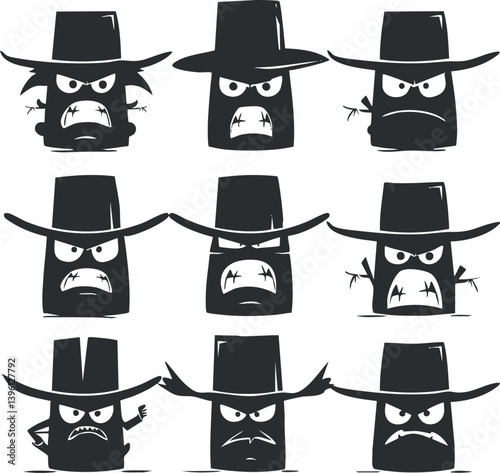 A collection of angry cowboy face illustrations showcasing various expressions in a cartoon style.