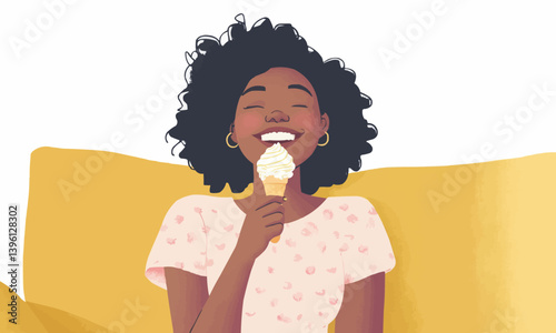 A cheerful black woman savors her ice cream while lounging comfortably on a sofa, radiating happiness in a cozy environment.