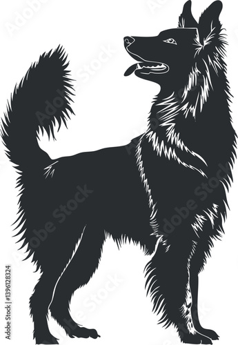 A silhouette illustration of a standing dog showcasing its furry coat and alert posture.
