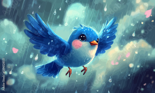 A cheerful blue bird with pink cheeks flying through the rain, surrounded by fluffy clouds and falling raindrops.