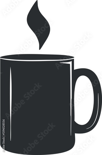 A simple black and white illustration of a steaming coffee mug on a table.
