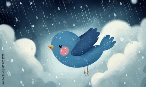 A cheerful blue bird with pink cheeks flying through the rain, surrounded by fluffy clouds and falling raindrops.