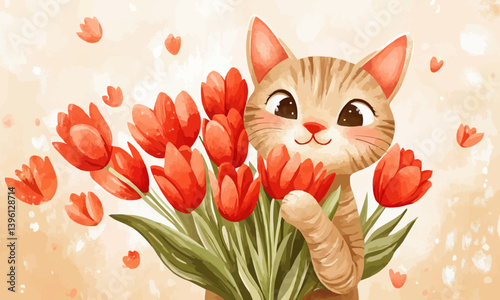 A cheerful cat illustration joyfully holds a vibrant bouquet of red tulips in a warm, soft background, celebrating a special occasion with cuteness