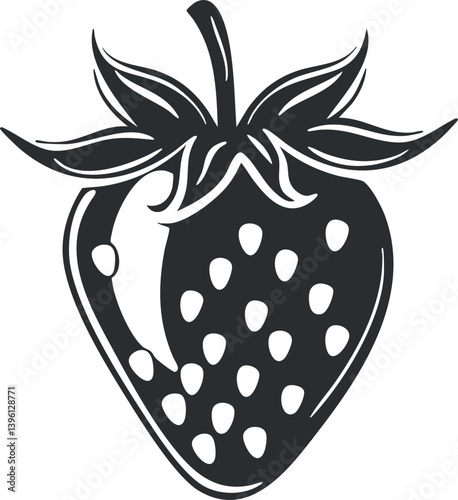 A black and white illustration of a ripe strawberry with detailed leaves and seeds.