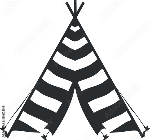 A stylized black and white illustration of a striped teepee tent.