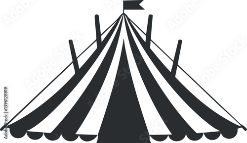 A classic circus tent with colorful stripes and a flag, perfect for events and festivals.