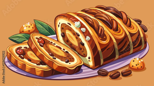 Sliced homemade traditional Romanian sweet bread named "cozonac" with a filling of cacao, raisins and various nuts. Eastern European freshly baked