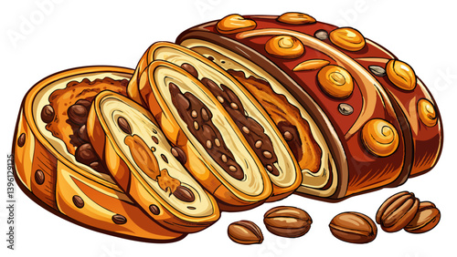 Sliced homemade traditional Romanian sweet bread named "cozonac" with a filling of cacao, raisins and various nuts. Eastern European freshly baked