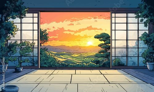 A current cartoon featuring a vacant Japanese dojo with karate mats, bonsai plants, and a backdrop of terraced fields and a sunset sky visible from the window