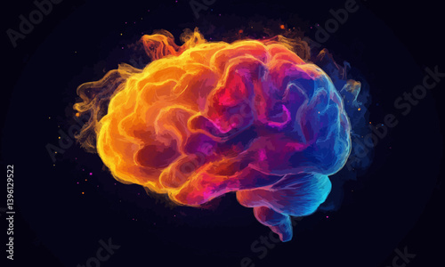 A colorful brain with swirling shapes of yellow orange pink and purple hues on a dark black background, inspiration, neuroplasticity