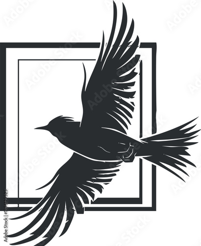 Stylized silhouette of a bird in flight with elegant wings and abstract design elements.